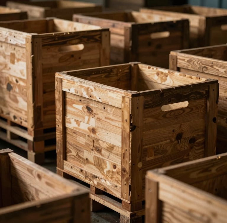 Neatly packed wooden export crates inside a clean, well-lit Moradabad shipping warehouse, dramatic side-lighting, warm tones.