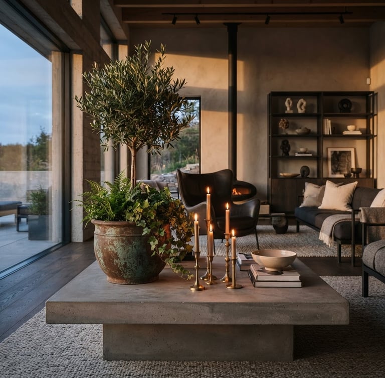 Wide shot of a modern architectural living room with a large patinated iron planter and brass candle holders on a concrete table, warm dramatic side-lighting