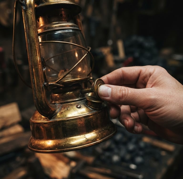 Macro photograph of a hand inspecting a raw brass lantern, warm metallic reflections, dramatic side-lighting, shallow depth of field.