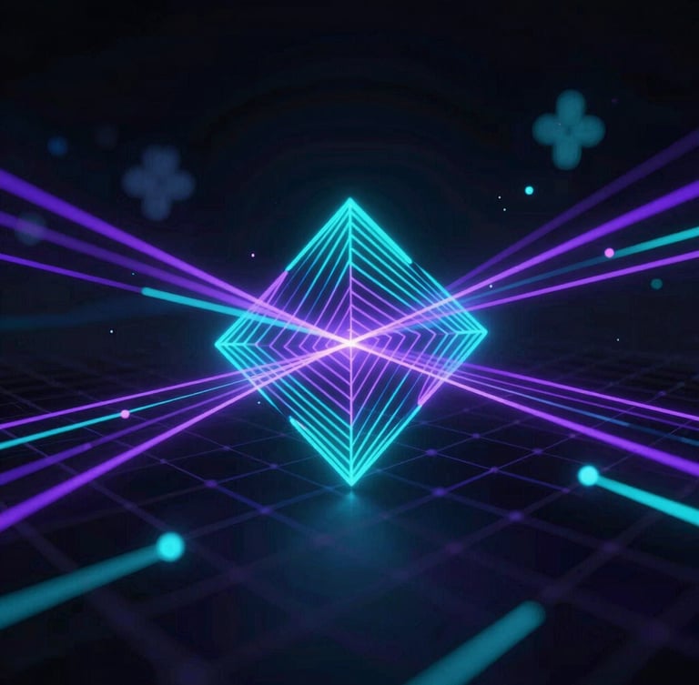 futuristic sci-fi digital art, dark background, neon cyan and violet glowing vectors, abstract geometric patterns, 3d render of a mathematical grid