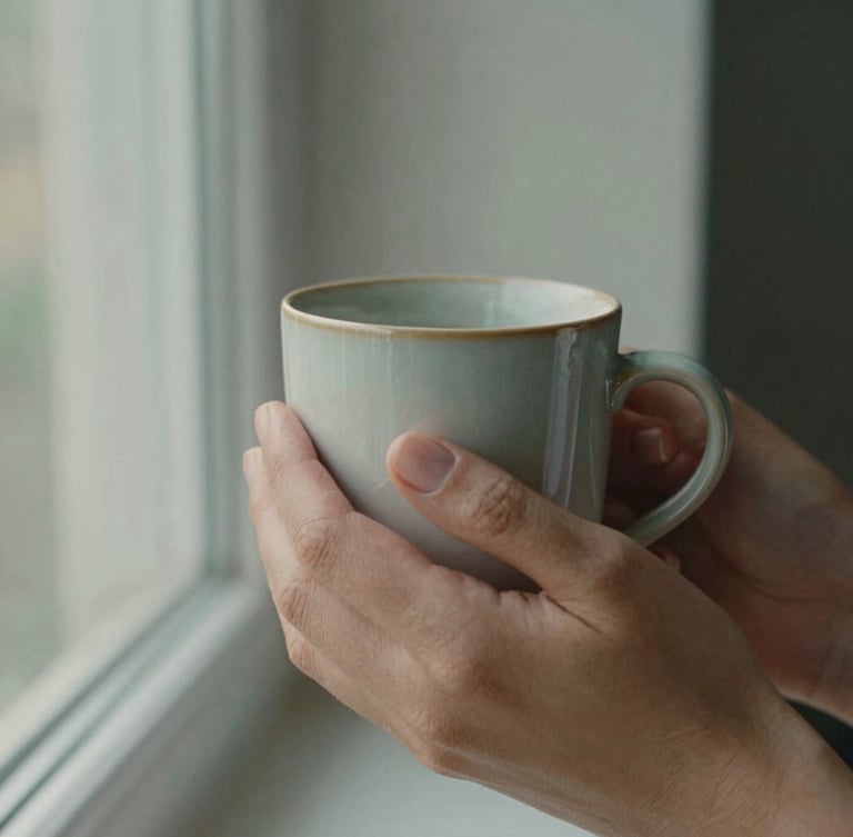 Close-up of gentle hands holding a warm ceramic mug, soft morning light, muted earth tones, 35mm film