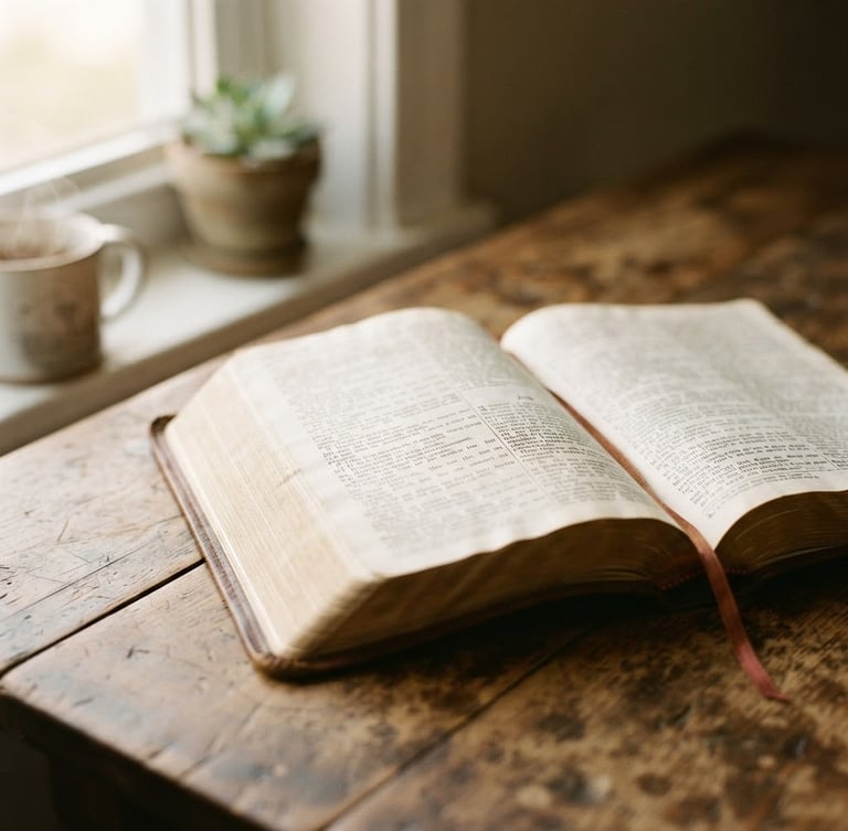Soft morning window light illuminating an open Bible on a rustic wooden table, shallow depth of field, warm earth tones, serene atmosphere, 35mm film