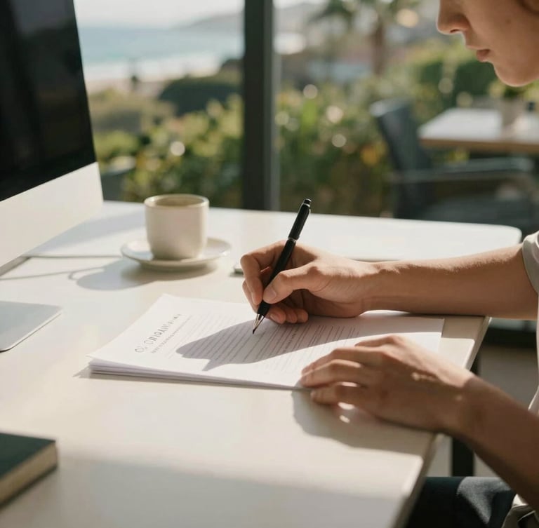 A sunlit modern California workspace, close-up of hands writing on a clean document, warm natural coastal daylight, soft shadows, 35mm editorial
