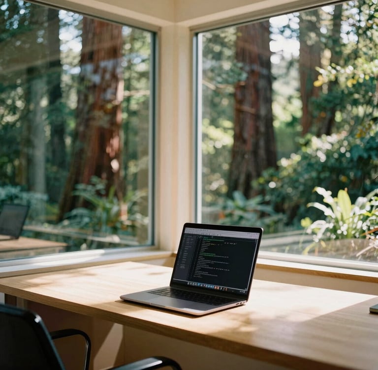 A sunlit modern Northern California office with large windows overlooking redwood trees, a clean wooden desk with a laptop displaying code, warm natural light, 35mm photography.