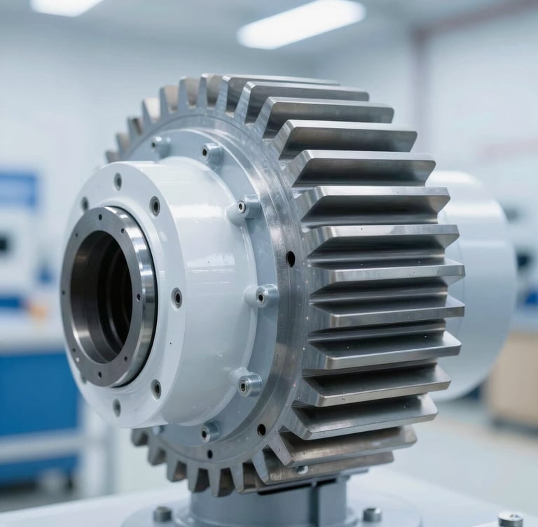 Macro-detail shot of industrial gearbox teeth, high-key technical studio lighting, crisp cool daylight, sharp focus, 35mm