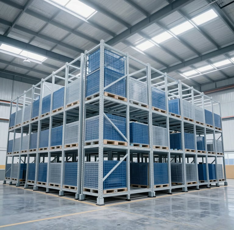 Wide-angle environmental shot of massive automated warehouse racking systems, crisp cool daylight streaming through skylights, high-contrast blue and white tones, 35mm
