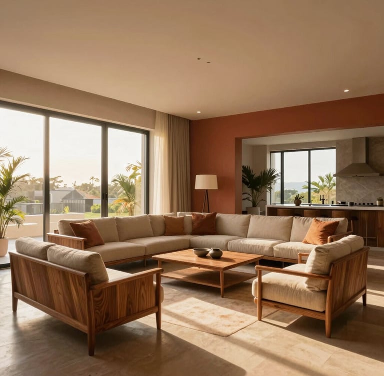 Wide-angle shot of a luxury apartment living room in Cotonou, warm golden hour sunlight streaming through floor-to-ceiling windows, minimalist terracotta accents, high-end local teak furniture.