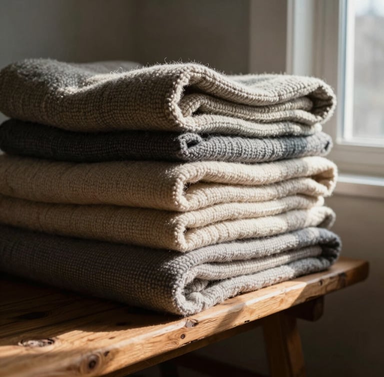 Medium environmental shot of thick folded wool blankets stacked on a raw wood rustic bench, strong side natural window light casting deep shadows, 35mm