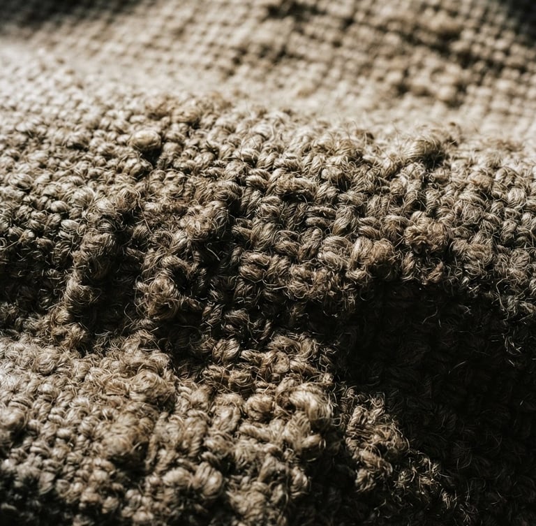 Macro detail shot of heavy-weight raw linen fabric under high-contrast natural window light, deep shadows emphasizing the thick unrefined weave structure, 35mm