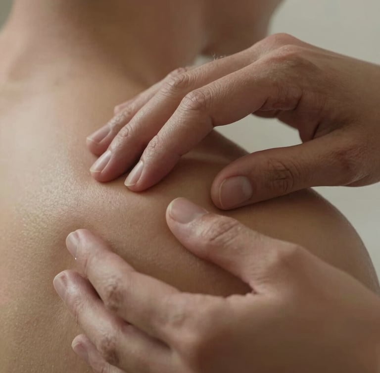 Tight macro close-up of hands demonstrating myofascial release on a shoulder, showing anatomical precision and absolute control under warm, soft lighting.