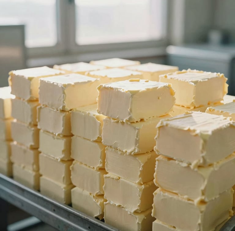 Packaged butter blocks stacked neatly in a clean industrial facility, soft natural morning light, warm cream tones, shallow depth of field