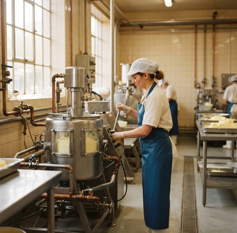 Warm industrial butter manufacturing facility, stainless steel equipment, soft morning window light, cream and steel tones, 35mm