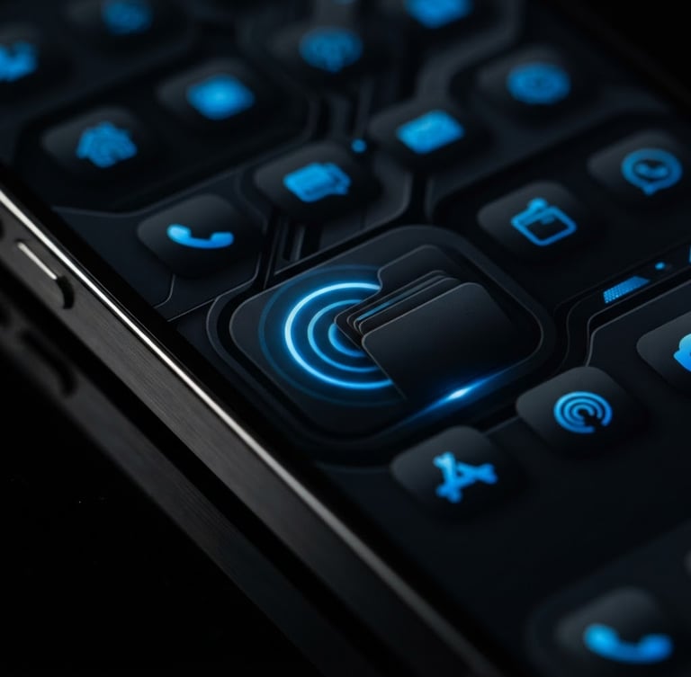 High-fidelity macro close-up of a mobile screen showing a smooth UI transition within a dark-mode launcher, electric blue accents highlighting interactive elements, low-key studio lighting with sharp reflections on the phone's edge, extreme detail, no text on screen.