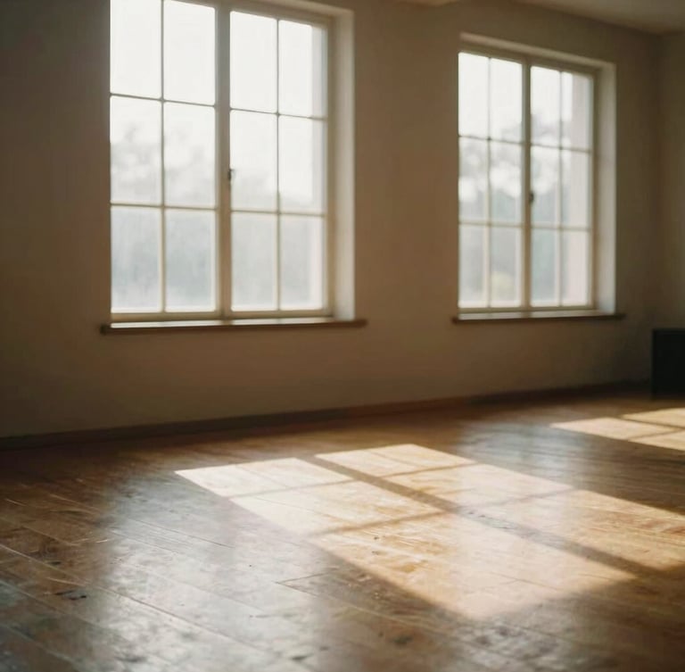A quiet sunlit meditation hall with wooden floors, soft morning light streaming through high windows, peaceful atmospheric setting, warm tones, 35mm film look.