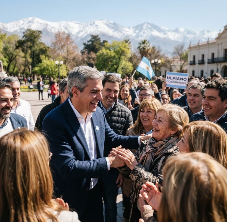 Ulpiano Suarez, candidato a gobernador, sonriendo y estrechando manos con ciudadanos en un evento al aire libre en Mendoza, con montañas de fondo, luz solar brillante, tonos limpios y nítidos, shallow depth of field, 35mm lens.