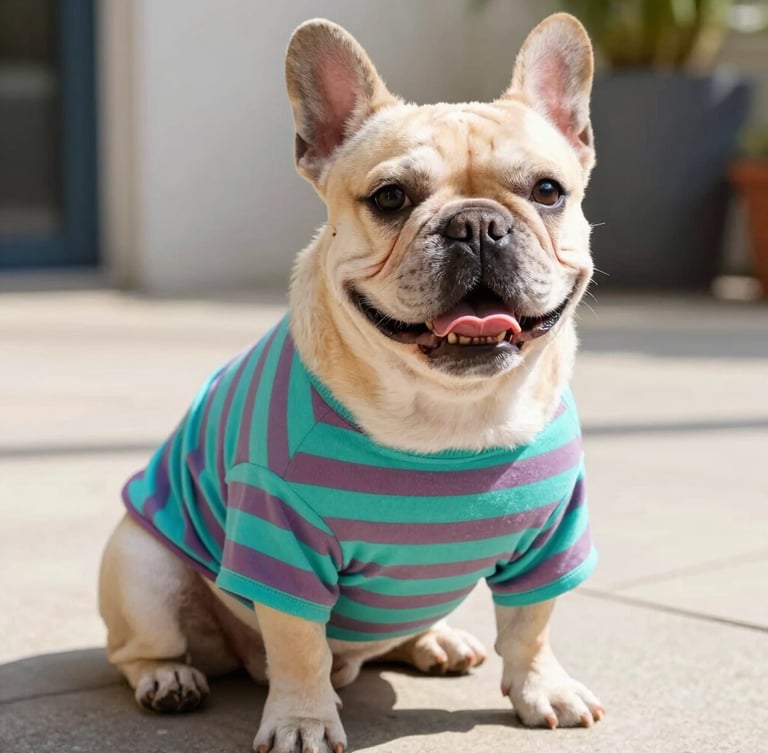 A happy French Bulldog wearing a vibrant teal and mauve striped cotton shirt, sitting comfortably on a sunny patio, eye-level shot, bright natural light