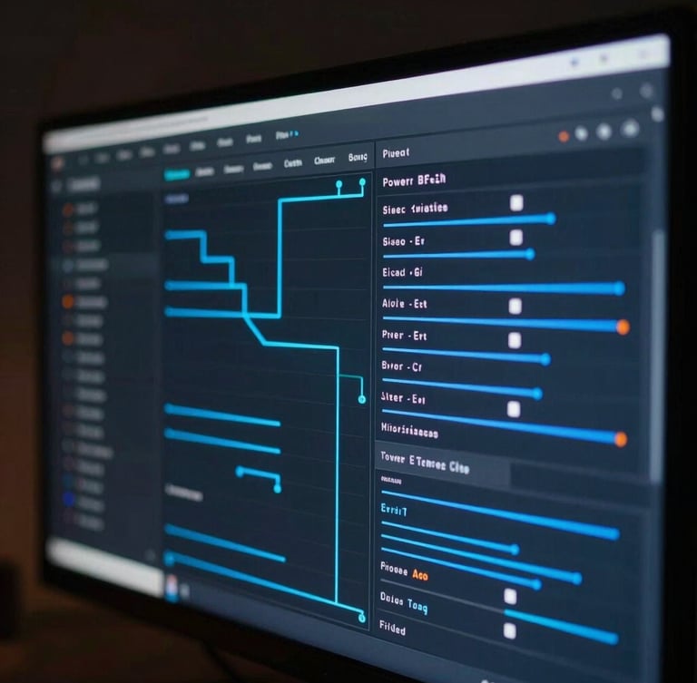 Macro close-up of a dark-themed Power BI dashboard interface on a high-resolution monitor, glowing blue data-stream lines, moody ambient lighting.