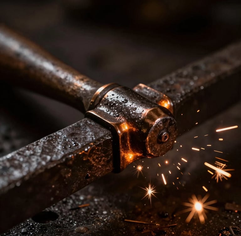 Macro shot of a hand-hammered iron joint with glowing bronze accents, dramatic workshop lighting with warm amber sparks, shallow depth of field, 35mm