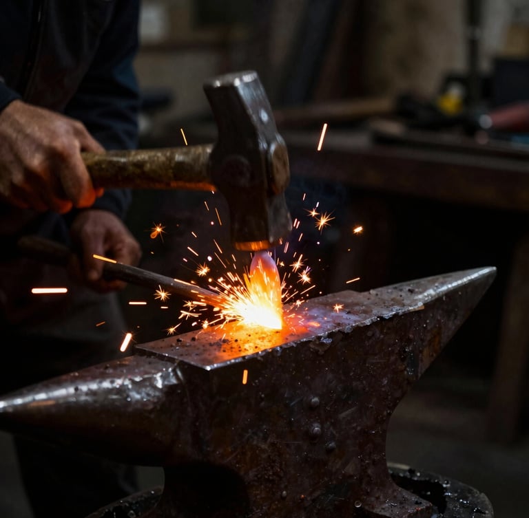 Dramatic close-up of glowing orange steel being forged on an anvil under a heavy hammer, sparks flying, dark workshop background, high-contrast chiaroscuro, 35mm.