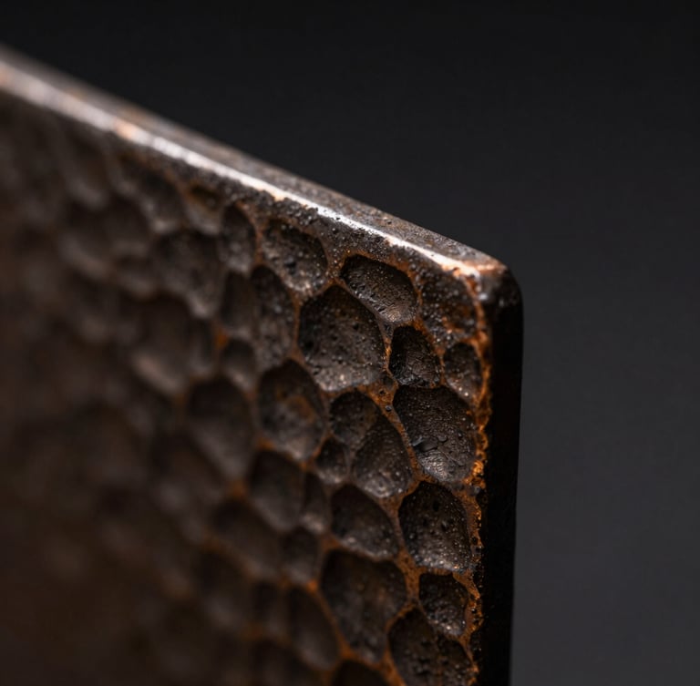 Close-up macro shot of hand-hammered iron texture with a subtle bronze patina, dramatic side lighting highlighting the raw brutalist edges, dark charcoal background, shallow depth of field, 35mm.