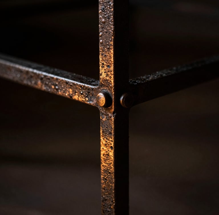 Dramatic close-up of a hand-forged iron table joint with a warm bronze inlay, high-contrast chiaroscuro lighting, deep charcoal and glowing amber tones, shallow depth of field, 35mm
