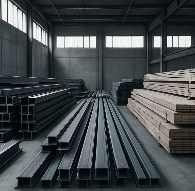 Inside a clean, highly organized construction warehouse staging area on The Vale, structural steel beams and timber neatly stacked, sharp architectural shadows, cool overcast daylight streaming through high windows.