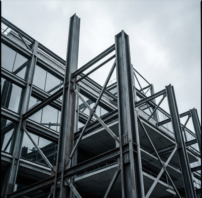 Sharp architectural photography of exposed structural steel columns against a cool overcast London sky, high contrast desaturated tones, 35mm lens
