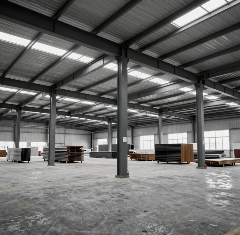 Wide-angle environmental shot of an organized commercial staging warehouse interior with structural steel beams and building materials, cool overcast daylight, high contrast desaturated tones