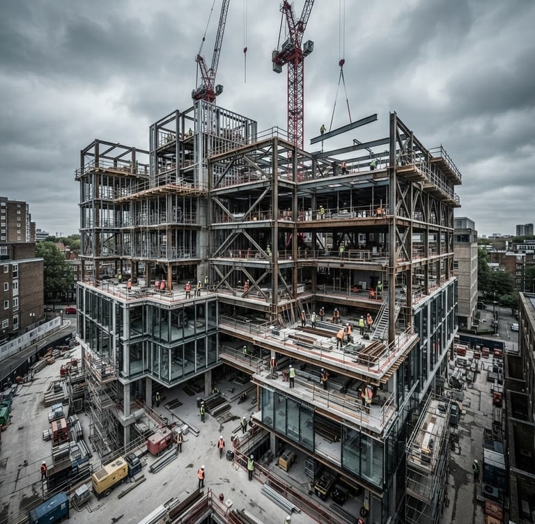 Wide environmental shot of a modern West London architectural build in mid-construction, overcast daylight, sharp structural steel framing against a cool gray sky, high contrast desaturated tones.
