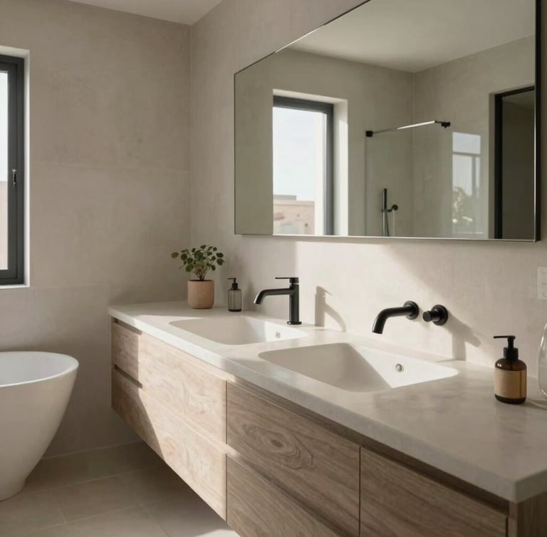 Medium shot of an elegant, sunlit modern bathroom interior in Fuerteventura, newly renovated with clean microcement finishes and high-end black metal fixtures.