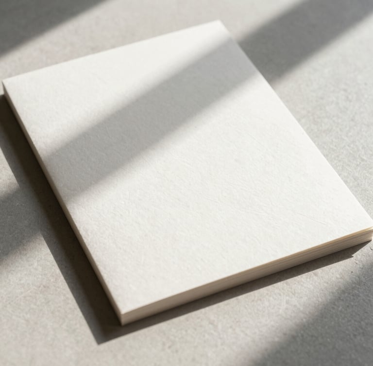 Strict 90-degree flat-lay of embossed heavy paper stationery, deep tactile textures, soft diffused daylight casting long gentle shadows.
