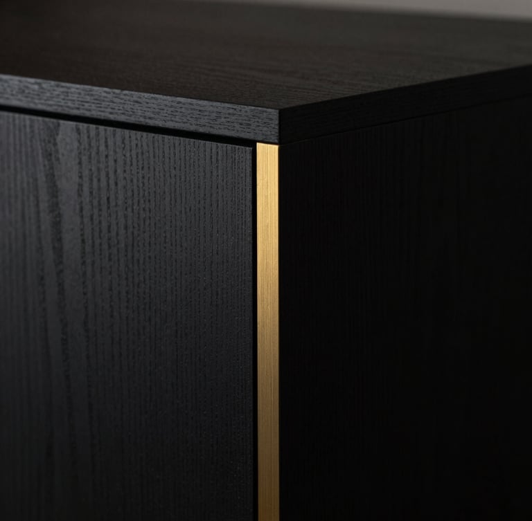 Moody close-up of a dark textured oak cabinet corner with seamless invisible joinery, soft side-lighting catching a subtle brushed gold metallic inlay, Hasselblad medium format