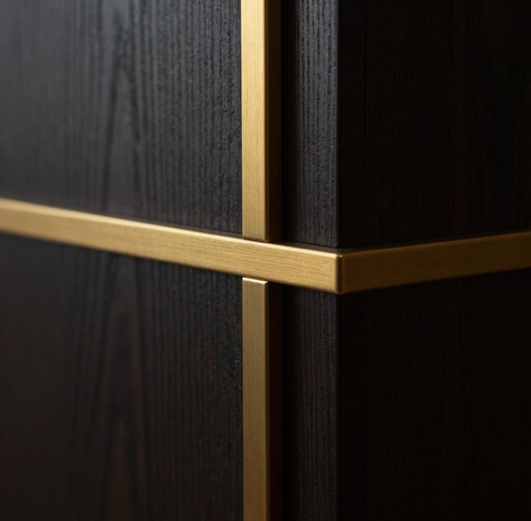 Macro photographic detail of seamless dark wood joinery, brushed gold hardware accent, low-key side-lighting, Hasselblad medium format