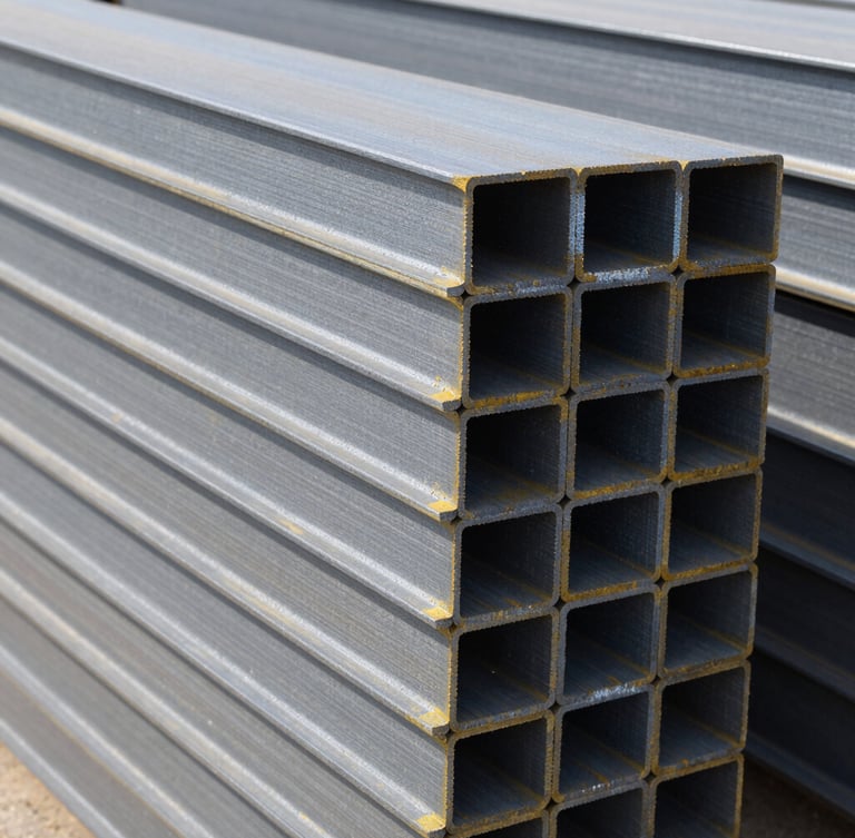 Close-up portrait shot of neatly stacked structural steel beams in a warehouse, sharp crisp daylight, cool steel tones, with a slight tilt.