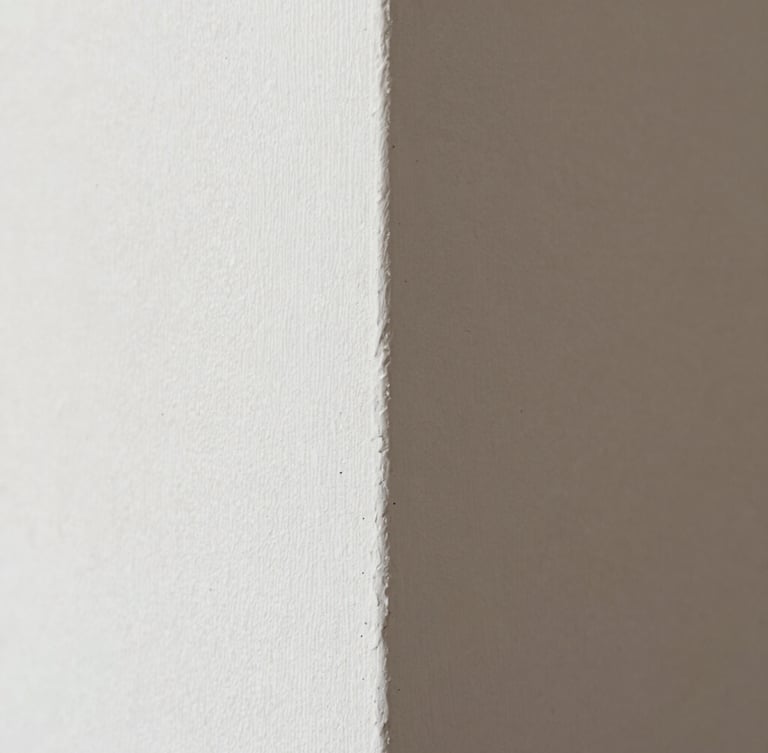 Macro close-up of a perfectly sanded plaster wall corner, crisp daylight revealing a flawless matte texture, clean work environment, 35mm lens