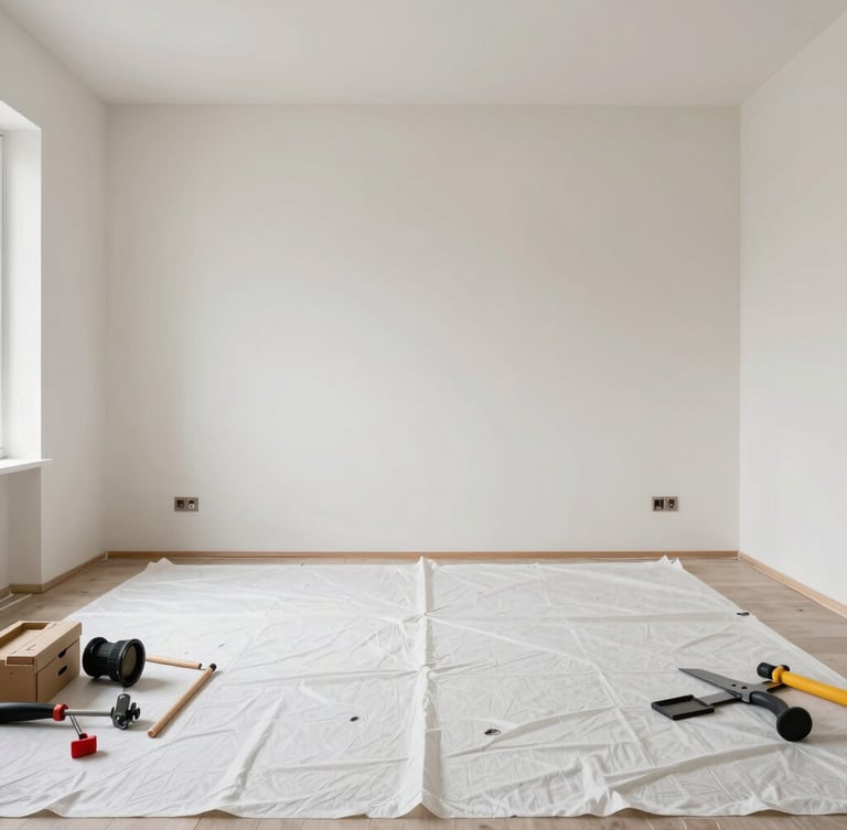 Straight-on architectural angle of a beautifully protected residential interior, clean canvas drop cloths covering the floor, neatly aligned tools, soft side-lighting