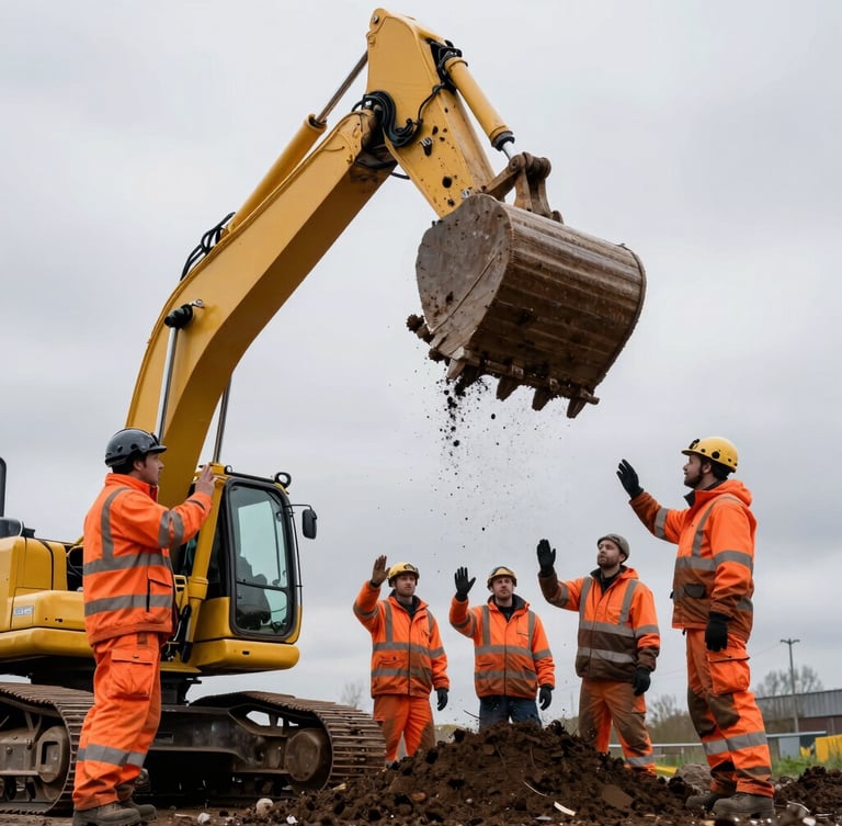 Low-angle action shot of a yellow excavator bucket lifting dark soil, professional groundworkers in high-visibility orange safety jackets communicating with hand signals, overcast Dutch sky