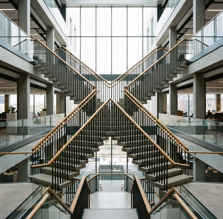 Crisp architectural photography of modern office stairs, structured symmetrical framing, high contrast, 35mm, natural lighting.