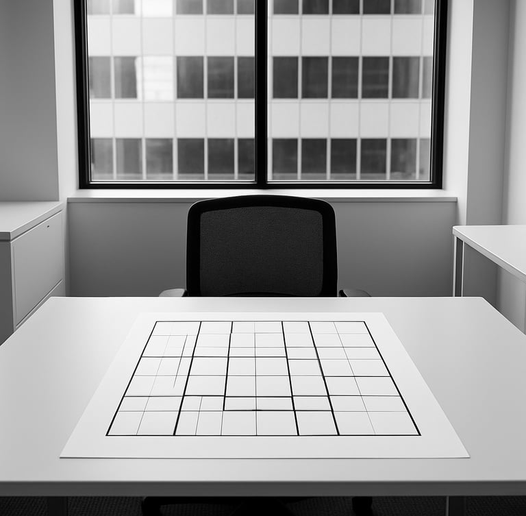 Crisp architectural photography of a structured office environment, focusing on a clean desk with a printed geometric planning grid, natural lighting, high contrast, symmetrical framing, 35mm