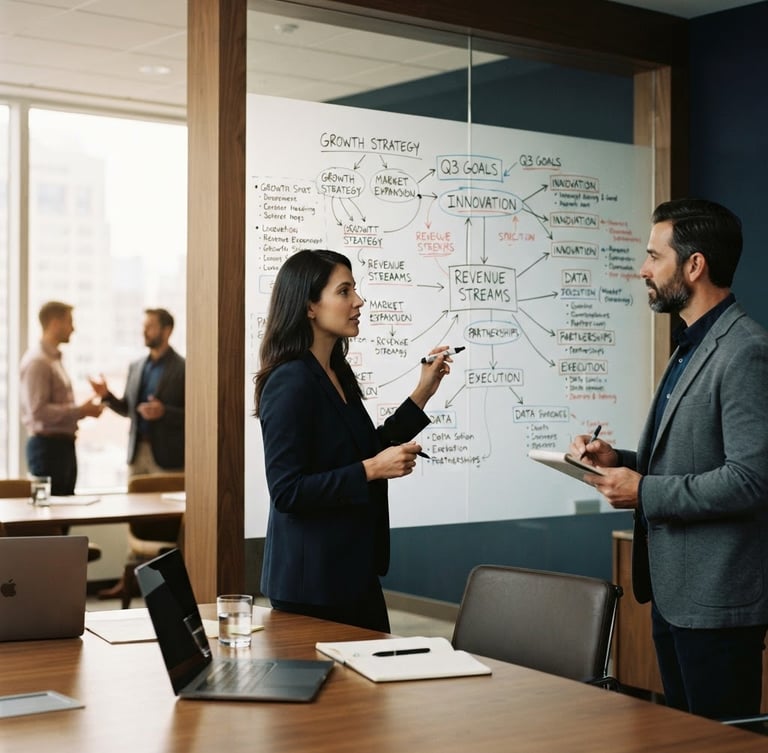 Medium shot of a collaborative corporate meeting in a room with soft natural window light, selective focus on a whiteboard with clean strategic notes, professional and calm atmosphere, deep navy and bronze tones, 35mm