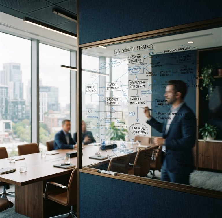 editorial corporate photography of a modern high-end meeting room with soft natural window light, selective focus on a clean glass whiteboard with structured diagrams, deep navy tones, 35mm