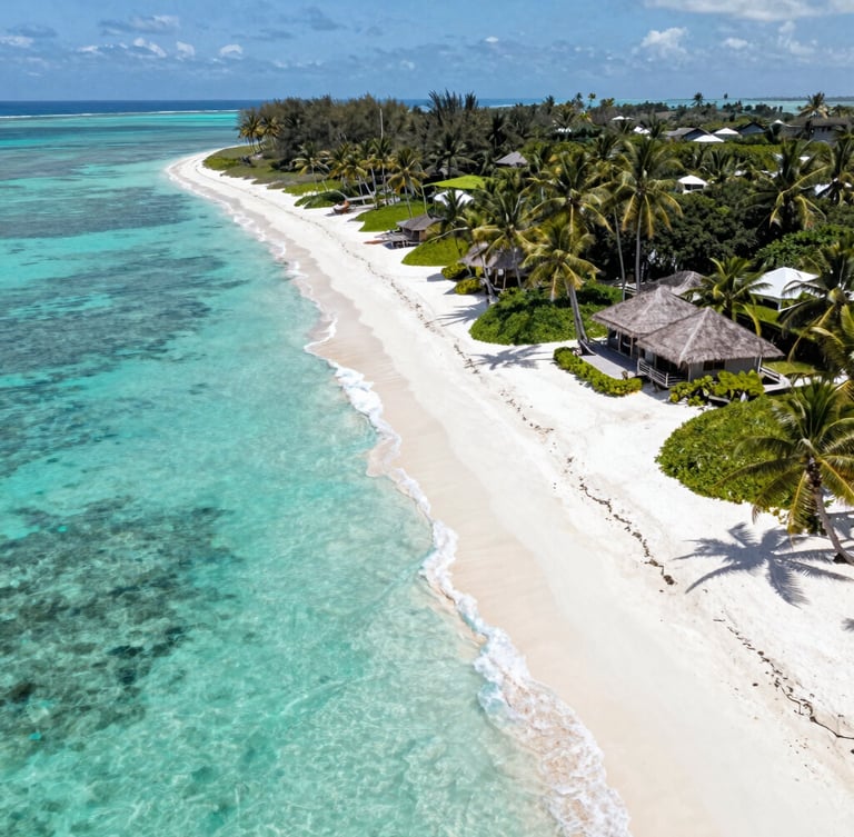 Sweeping aerial drone shot of a pristine Zanzibar coastline, turquoise ocean meeting a white sand spit, a premium eco-lodge nestled in lush tropical palms under crisp midday sun.