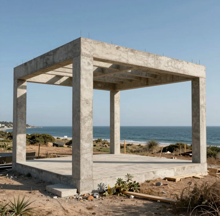 A vertical architectural shot of a concrete villa frame under construction, surveyed coastal land, sharp midday shadows.