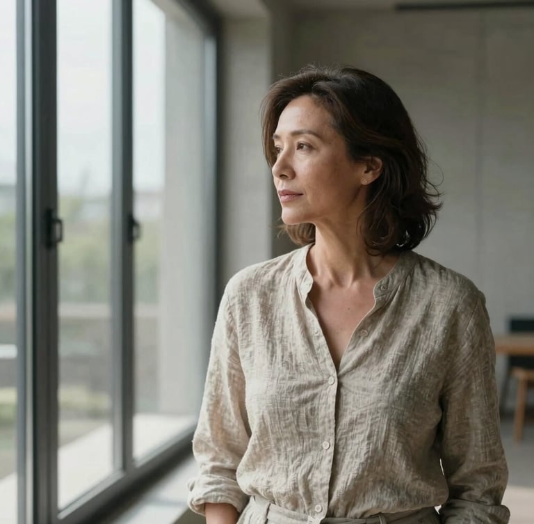Portrait of a mature woman in her late 40s with elegant, natural features, looking thoughtfully out of a large window in a minimalist concrete interior, soft directional daylight, natural shadows, linen clothing, medium shot with negative space.