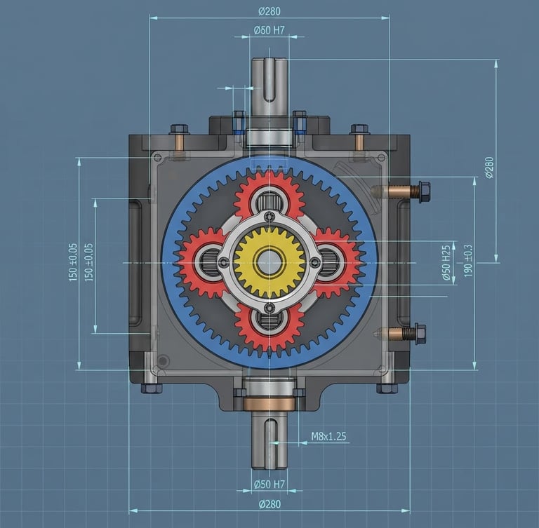 Precise technical 3D CAD render of a complex planetary gearbox assembly, orthographic view, clean slate-blue background, sharp dimension lines, high-contrast engineering software interface style.