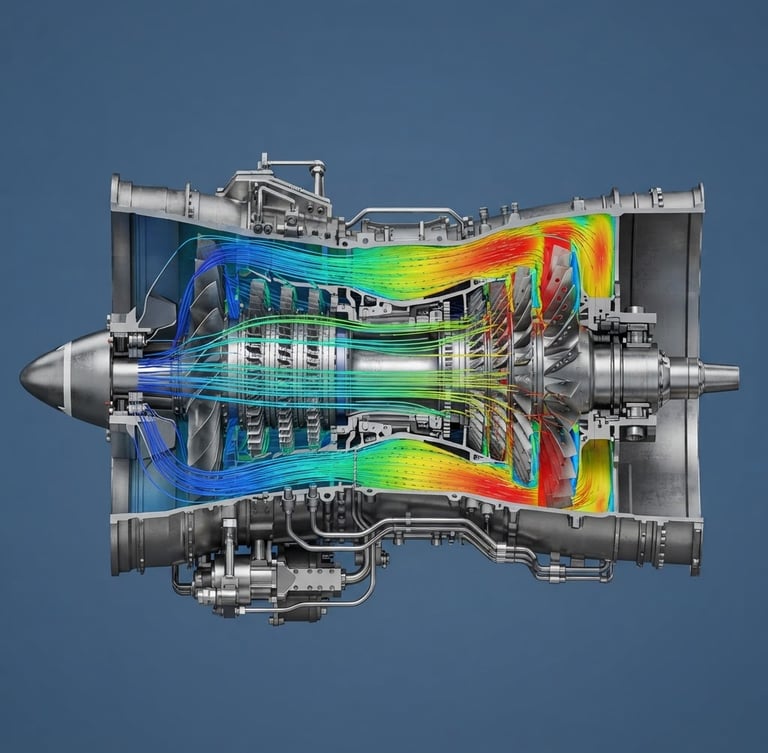 High-resolution 3D CAD model of an aerospace turbine assembly, orthographic projection, sharp metallic edges, clean slate blue backdrop, high-contrast technical rendering.