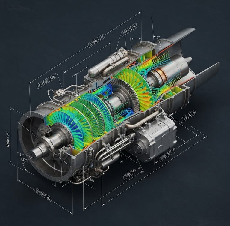 Precise technical 3D CAD render of a complex mechanical turbine assembly, high-contrast, slate background, technical dimension lines, isometric projection.