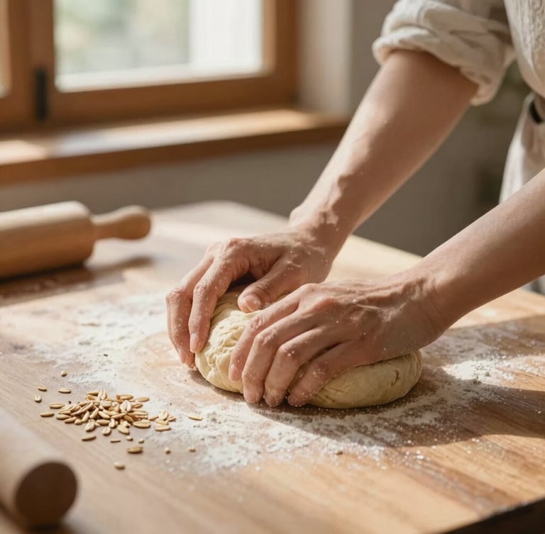 Close-up of a woman's hands kneading rustic dough on a wooden counter, warm sunlight filtering through a window, scattered oats.