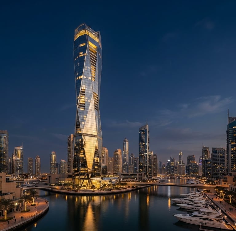 Wide panoramic architectural rendering of a futuristic glass skyscraper in Dubai at dusk, golden hour reflection, deep navy sky, minimalist composition