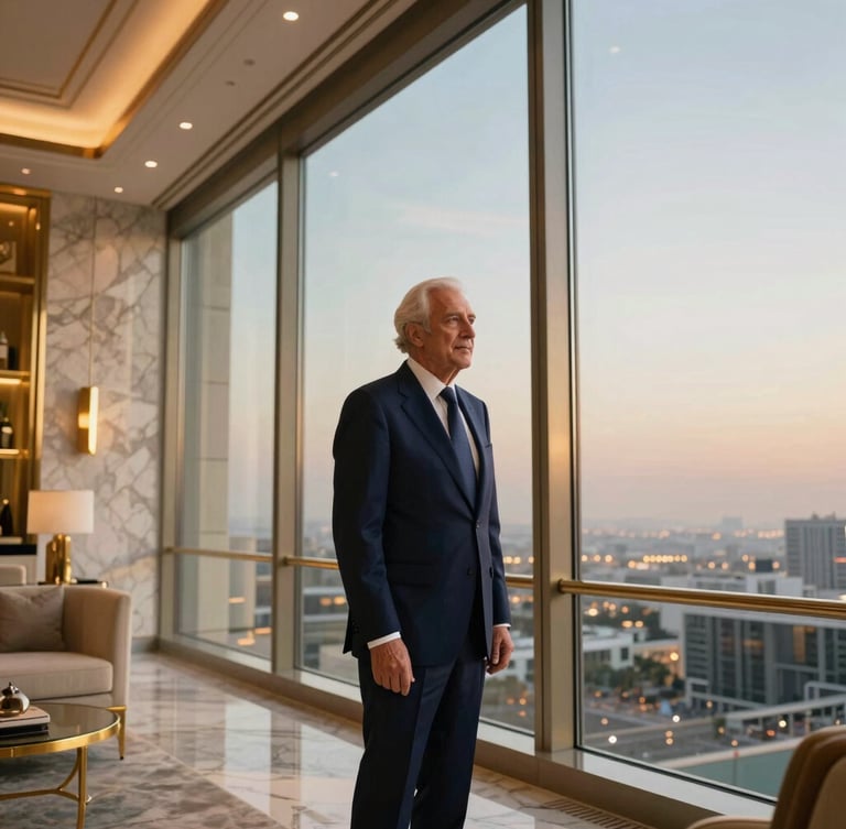 A close-up of a senior advisor in a tailored navy suit standing by a floor-to-ceiling window in a private Dubai lounge, soft dusk light illuminating marble and brass details, wide cinematic framing.